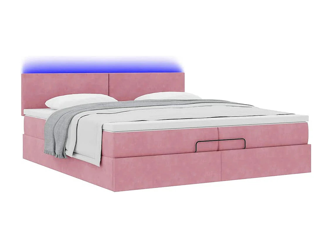 Lit Coffre 200x200 Velours Rose avec Matelas, LED et Port USB — vue 3