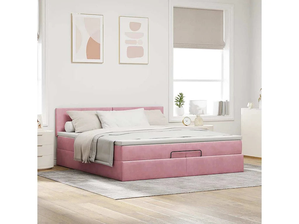 Lit Coffre 200x200 Velours Rose avec Matelas, LED et Port USB — vue 2