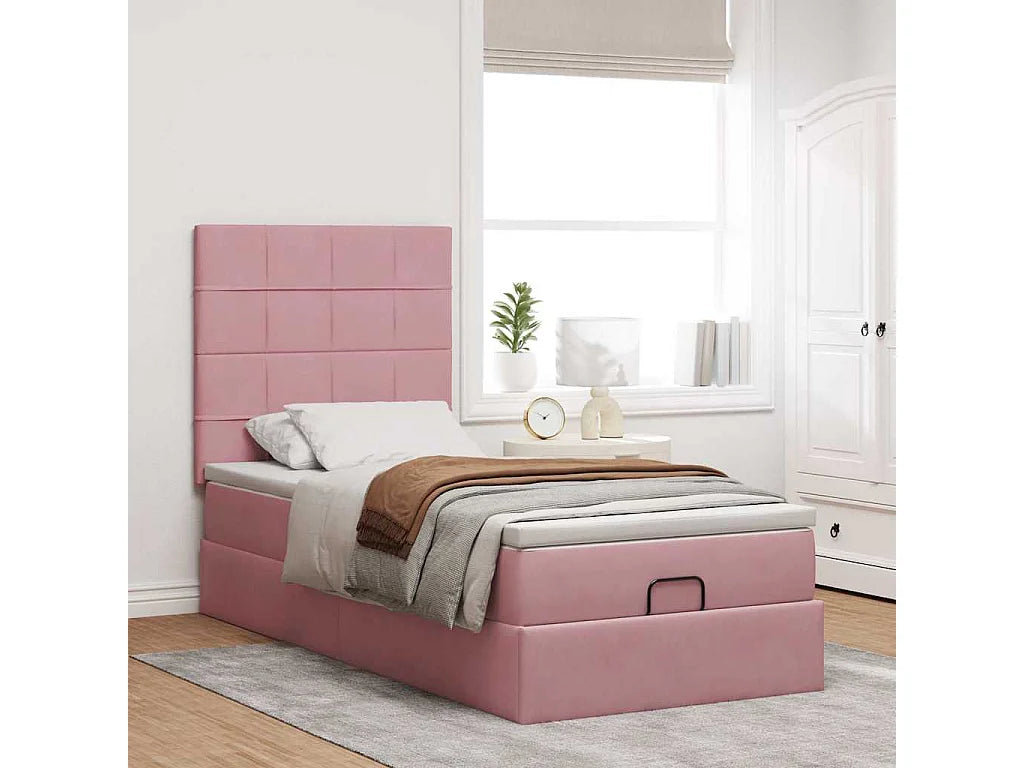 Lit Coffre 90x190 Velours Rose avec Matelas — vue 2