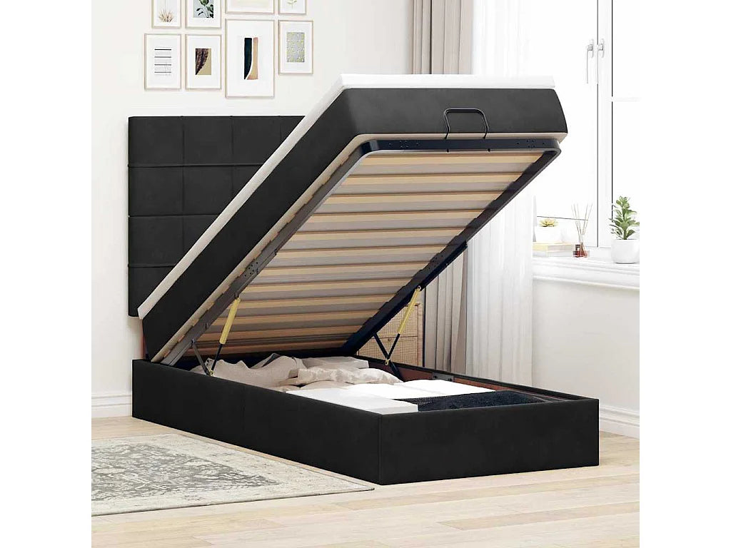 Lit Coffre 90x190 Velours Noir avec Matelas, LED et Port USB
