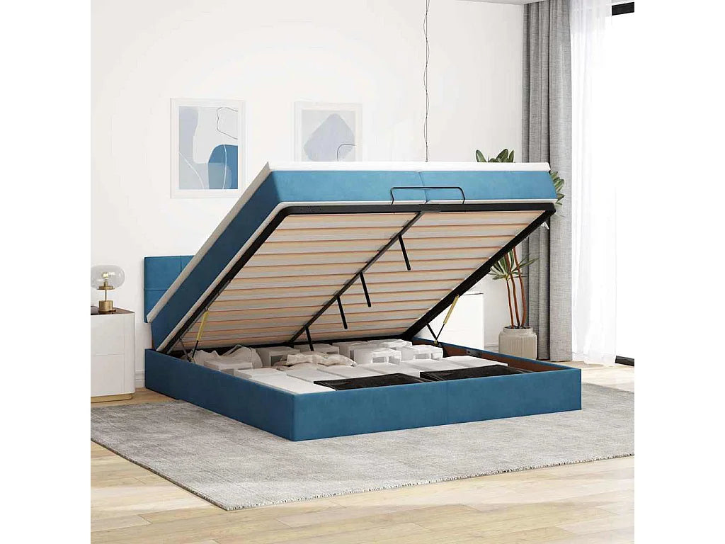Lit Coffre 200x200 Velours Bleu avec Matelas