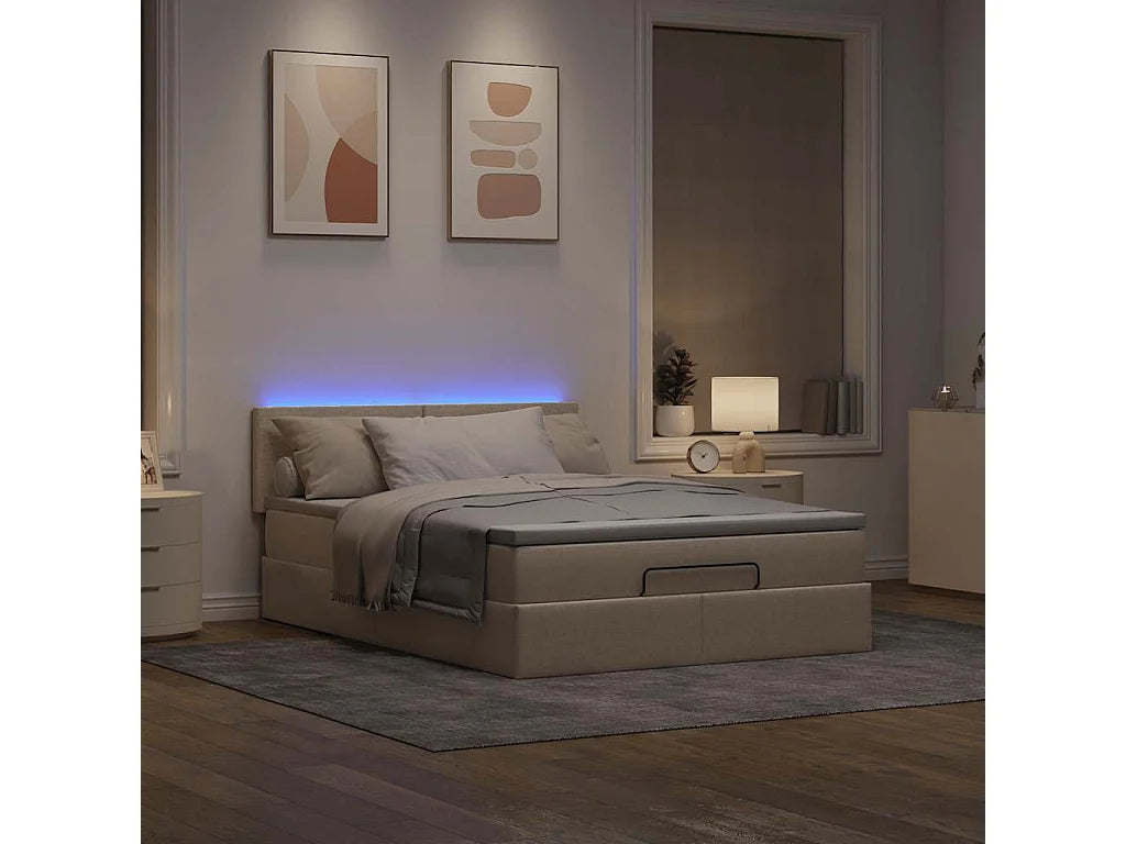 Lit Coffre 140x190 Tissu Crème avec Matelas, LED et Port USB — vue 2