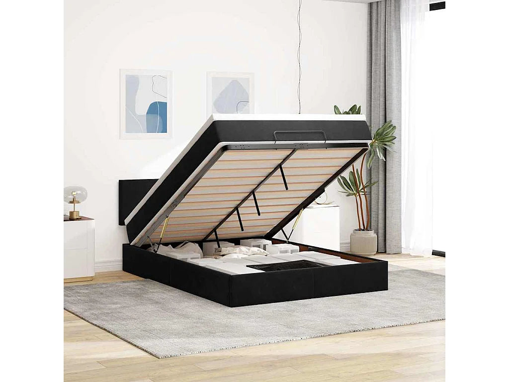 Lit Coffre 140x190 Velours Noir avec Matelas