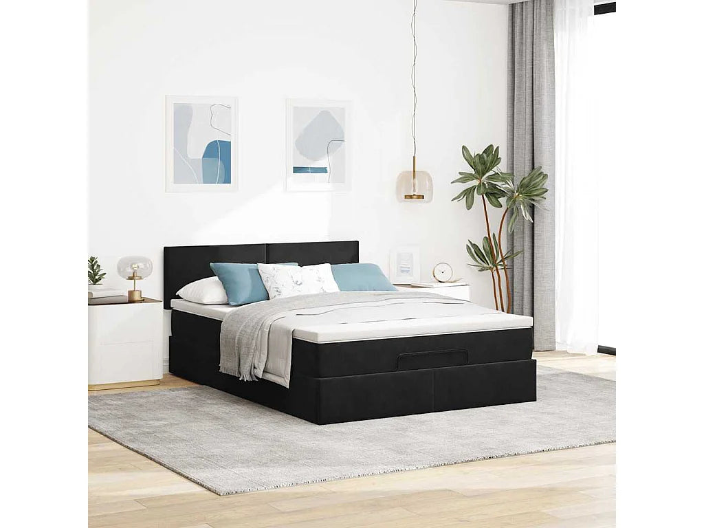 Lit Coffre 140x190 Velours Noir avec Matelas — vue 2