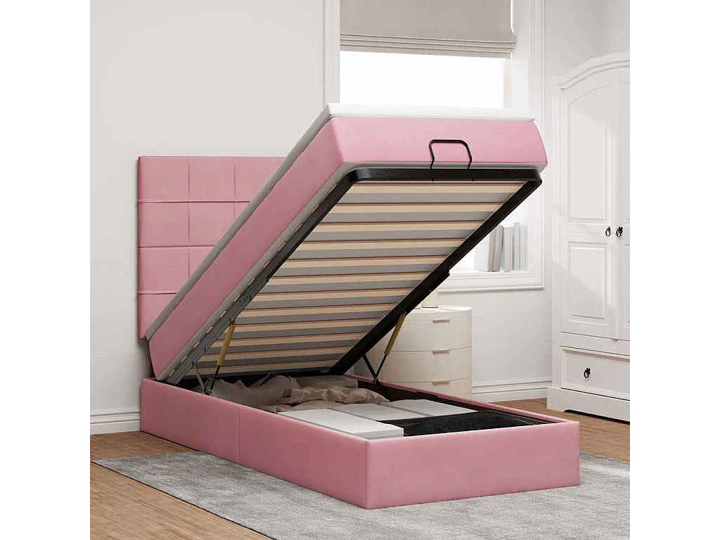 Lit Coffre 90x190 Velours Rose avec Matelas, LED et Port USB