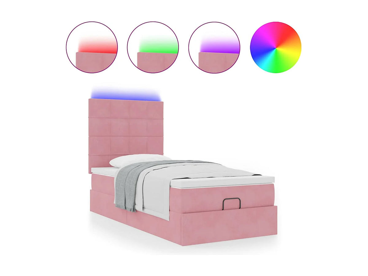 Lit Coffre 90x190 Velours Rose avec Matelas, LED et Port USB — vue 4