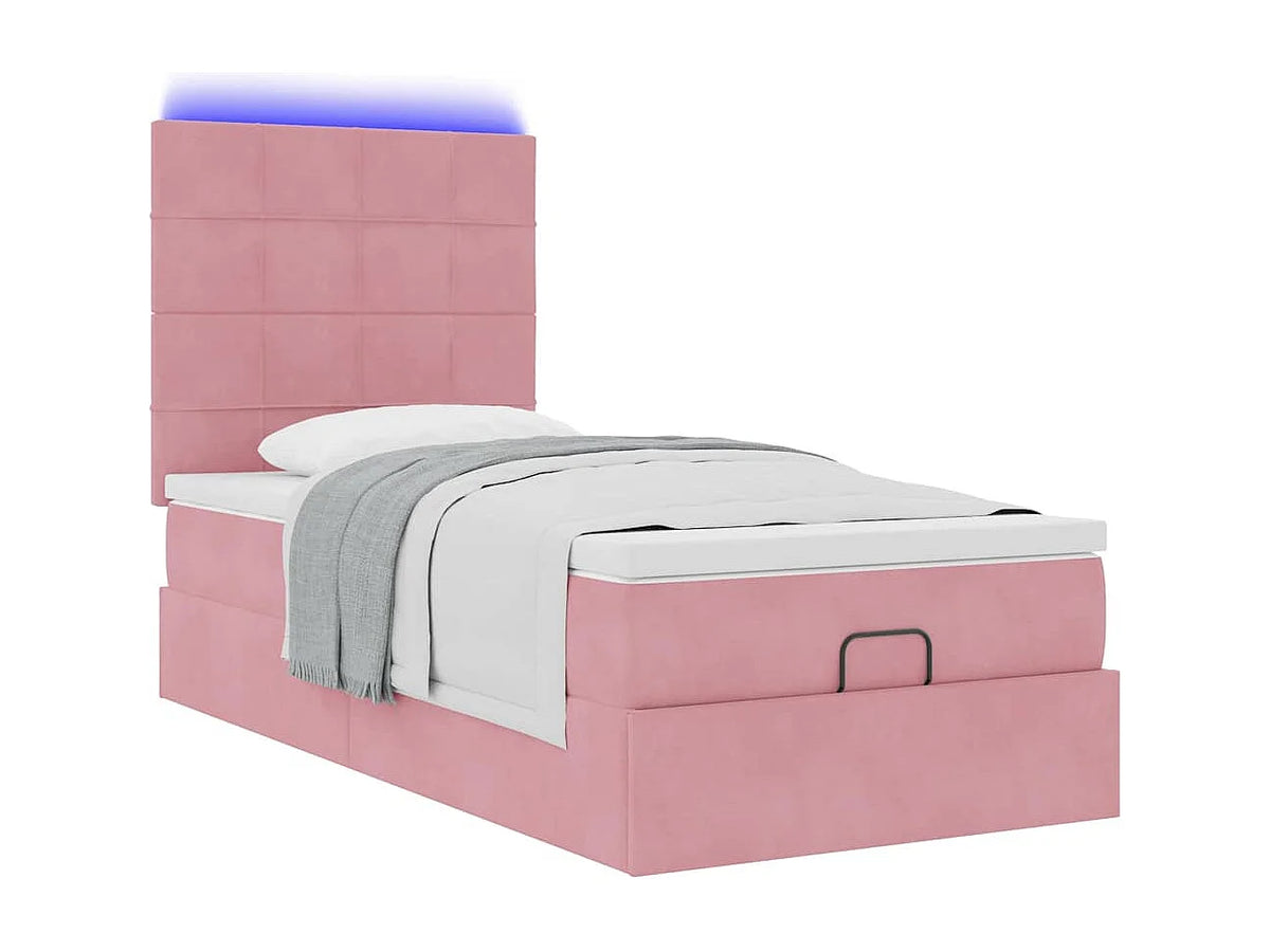 Lit Coffre 90x190 Velours Rose avec Matelas, LED et Port USB — vue 5