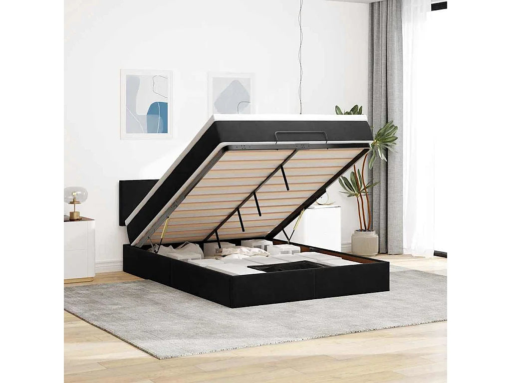 Lit Coffre 140x190 Velours Noir avec Matelas, LED et Port USB