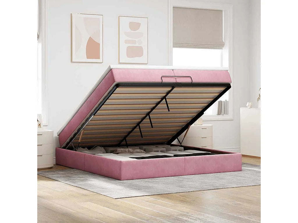 Lit Coffre 200x200 Velours Rose avec Matelas
