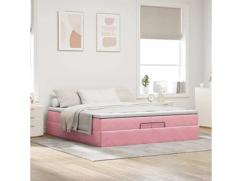 Lit Coffre 200x200 Velours Rose avec Matelas — vue 2