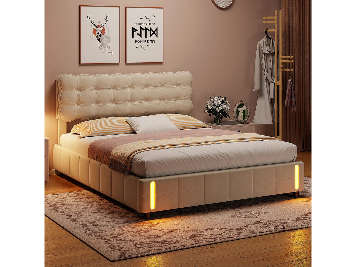 Lit Coffre 140x200 Velours Beige avec Chevets et LED — vue 2