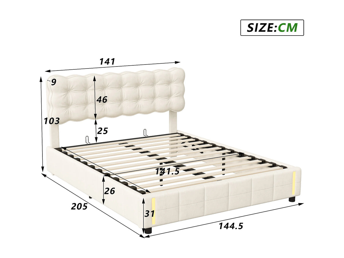 Lit Coffre 140x200 Velours Beige avec Chevets et LED — vue 8