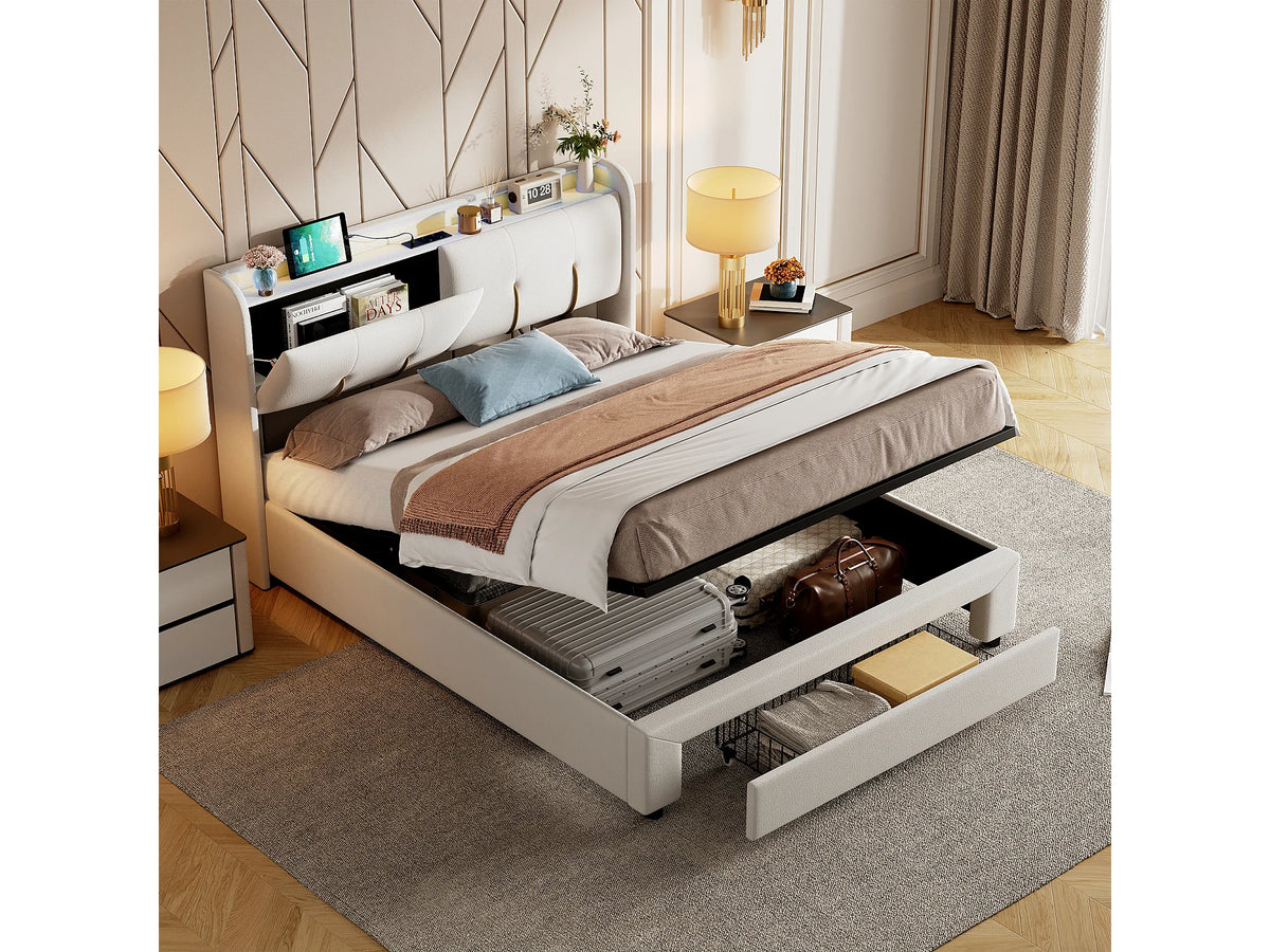 Lit Coffre 140x200 Velours Blanc avec LED et Port USB