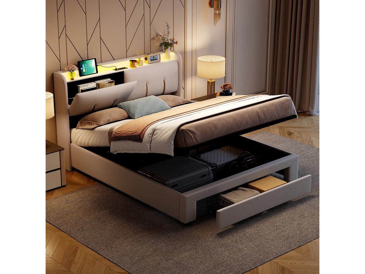 Lit Coffre 140x200 Velours Blanc avec LED et Port USB — vue 2