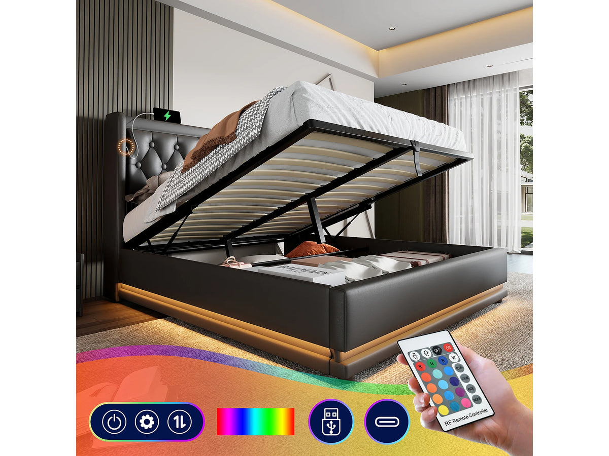 Lit Coffre 160x200 Simili Cuir Noir avec Matelas, LED et Port USB — vue 2