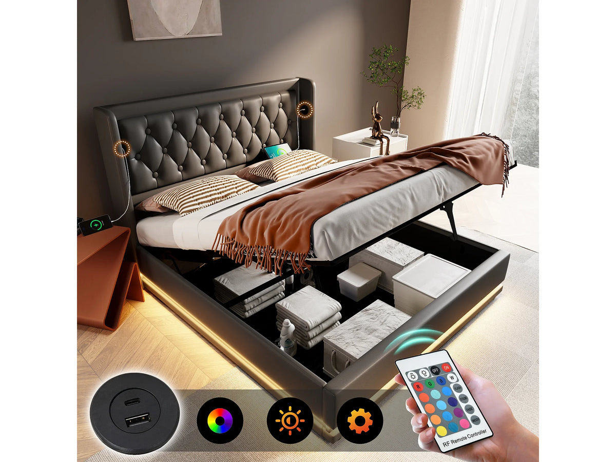 Lit Coffre 160x200 Simili Cuir Noir avec Matelas, LED et Port USB — vue 3