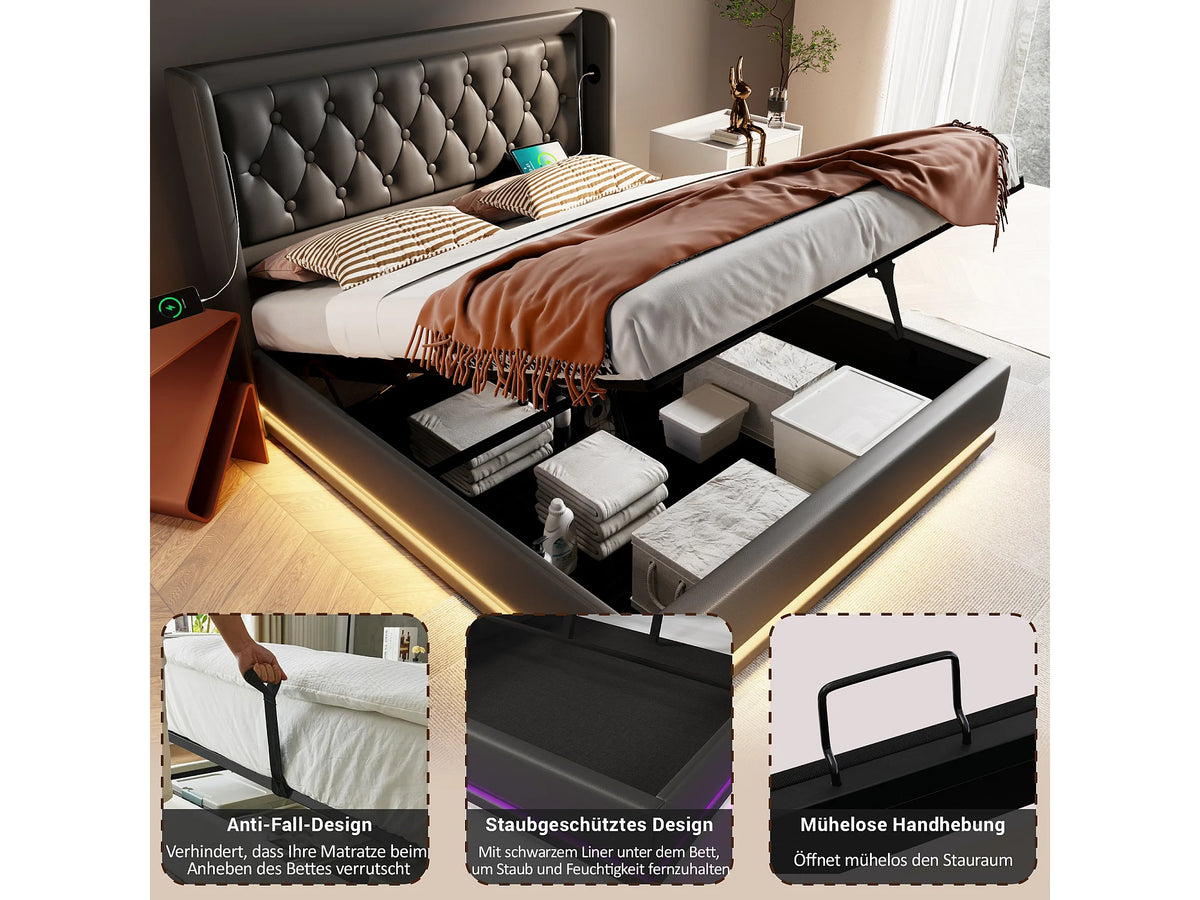 Lit Coffre 160x200 Simili Cuir Noir avec Matelas, LED et Port USB — vue 4