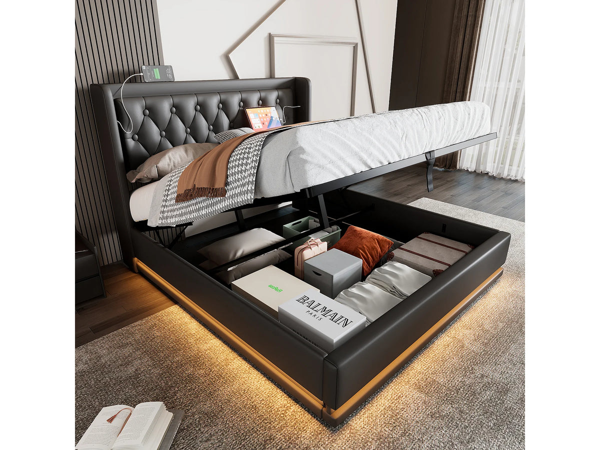 Lit Coffre 160x200 Simili Cuir Noir avec Matelas, LED et Port USB — vue 6