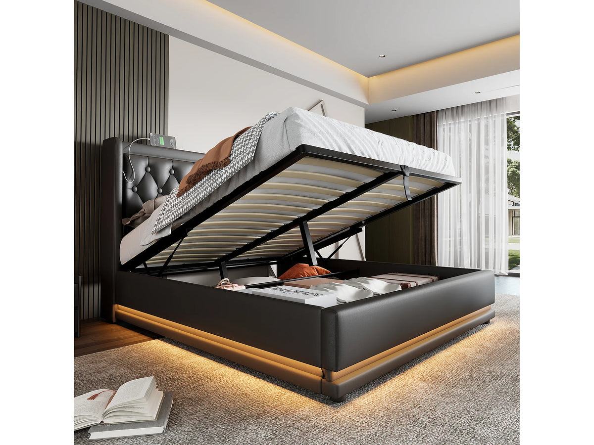 Lit Coffre 160x200 Simili Cuir Noir avec Matelas, LED et Port USB — vue 7