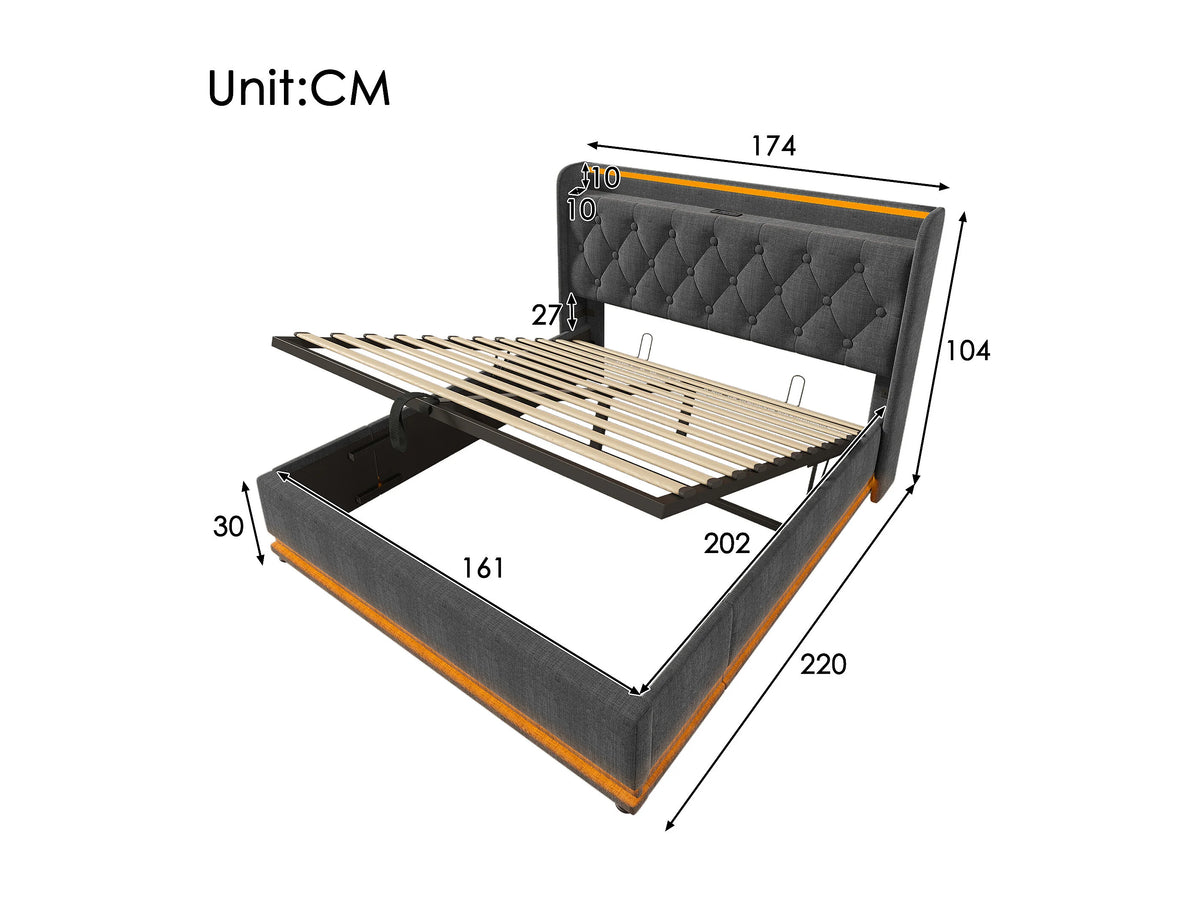 Lit Coffre 160x200 Tissu Lin Gris avec Matelas, LED et Port USB — vue 7