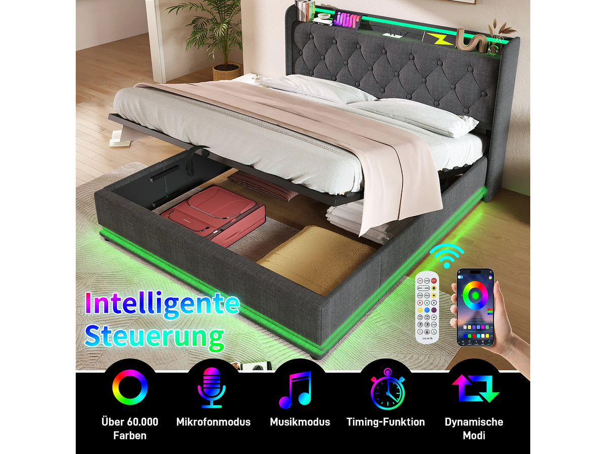 Lit Coffre 160x200 Tissu Lin Gris avec Matelas, LED et Port USB — vue 2