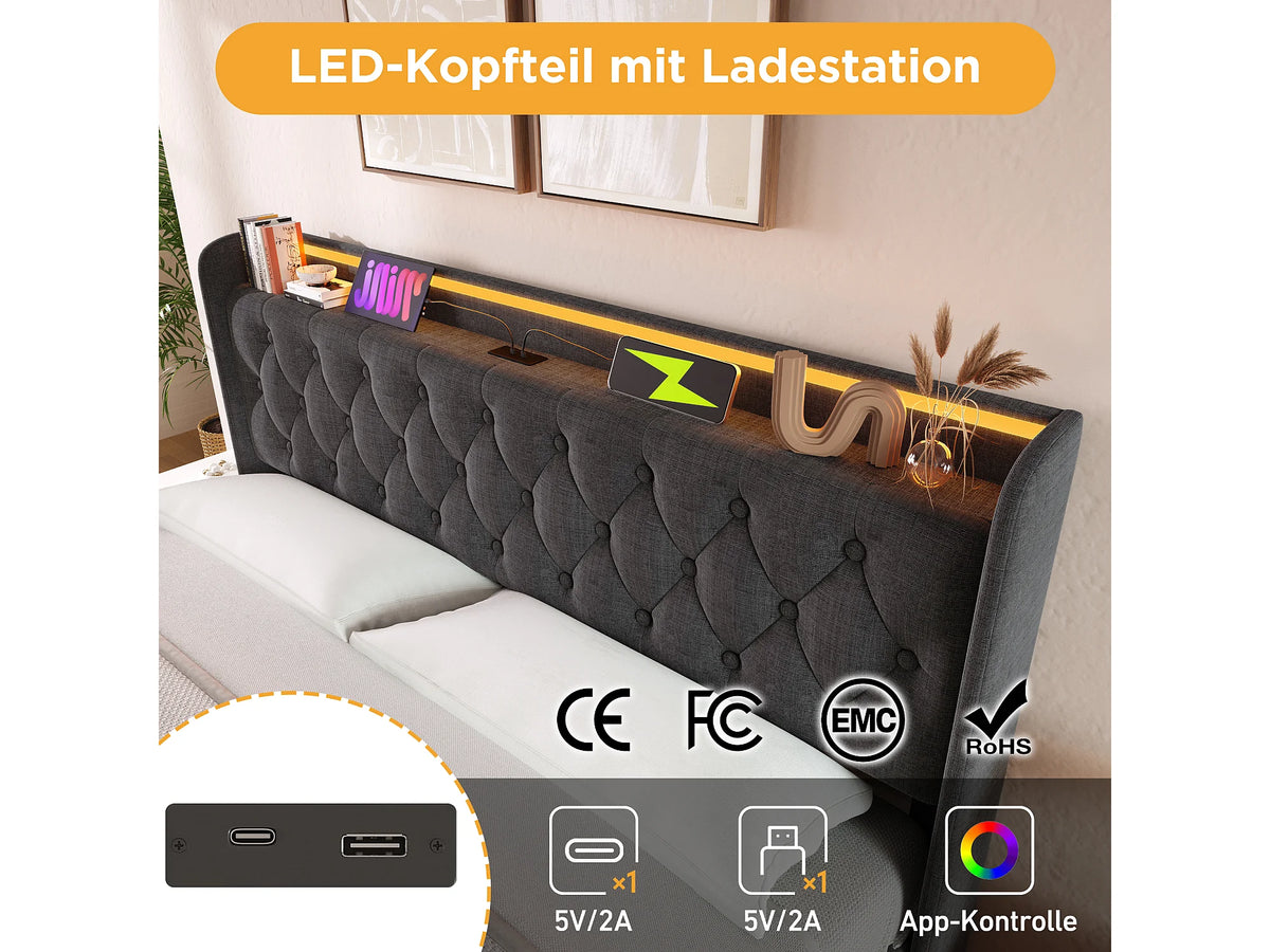 Lit Coffre 160x200 Tissu Lin Gris avec Matelas, LED et Port USB — vue 10