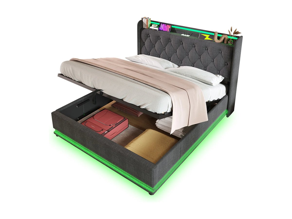 Lit Coffre 160x200 Tissu Lin Gris avec Matelas, LED et Port USB — vue 6