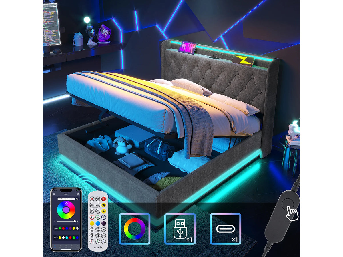 Lit Coffre 160x200 Tissu Lin Gris avec Matelas, LED et Port USB — vue 3