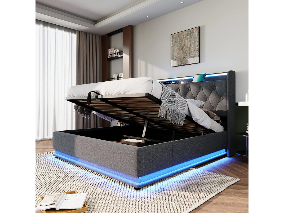 Lit Coffre 160x200 Tissu Lin Gris avec Matelas, LED et Port USB — vue 4
