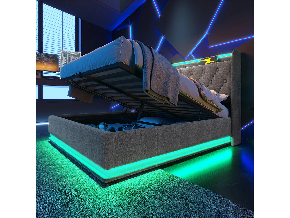Lit Coffre 160x200 Tissu Lin Gris avec Matelas, LED et Port USB — vue 5