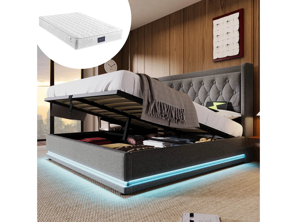 Lit Coffre 160x200 Tissu Gris avec Matelas, LED et Port USB — vue 4