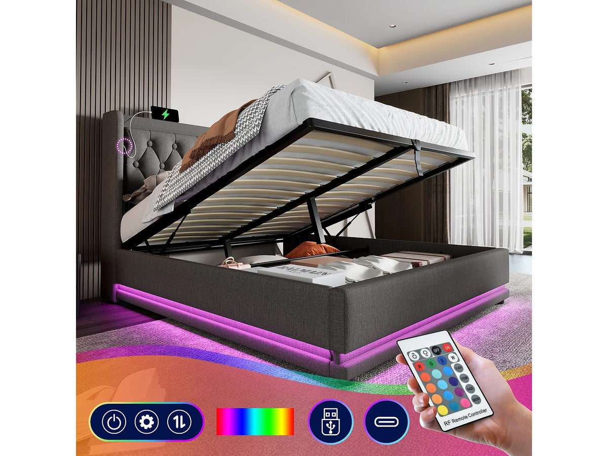 Lit Coffre 160x200 Tissu Gris avec Matelas, LED et Port USB — vue 8