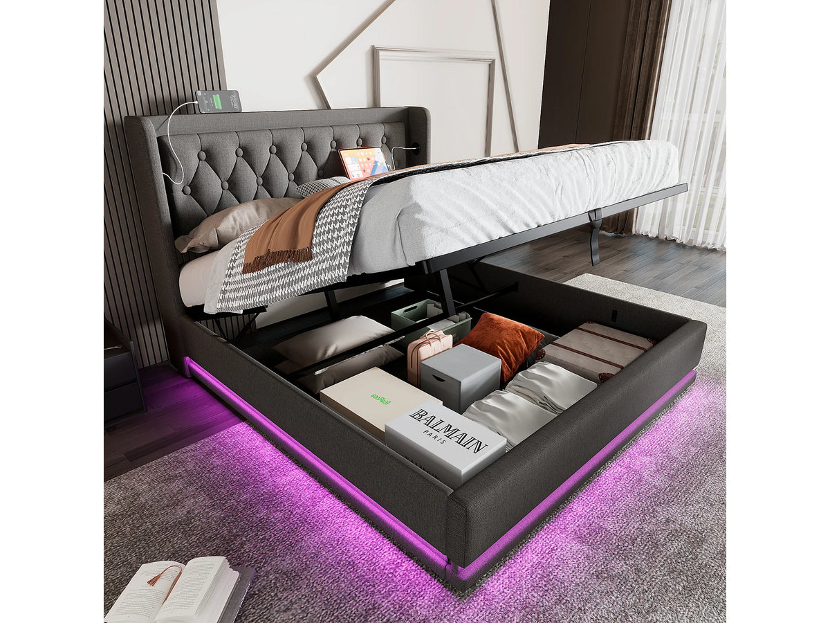 Lit Coffre 160x200 Tissu Gris avec Matelas, LED et Port USB — vue 3