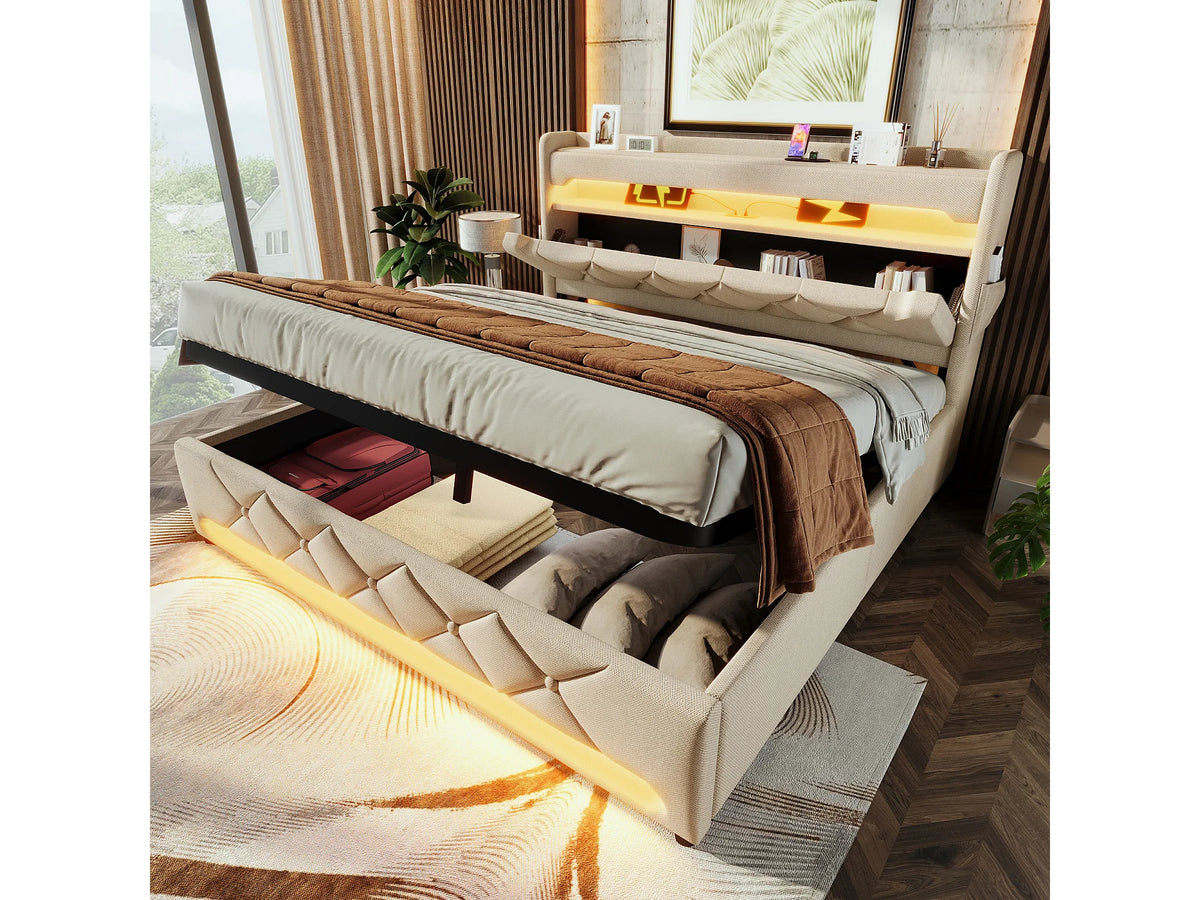Lit Coffre 180x200 Tissu Lin Beige avec LED et Port USB