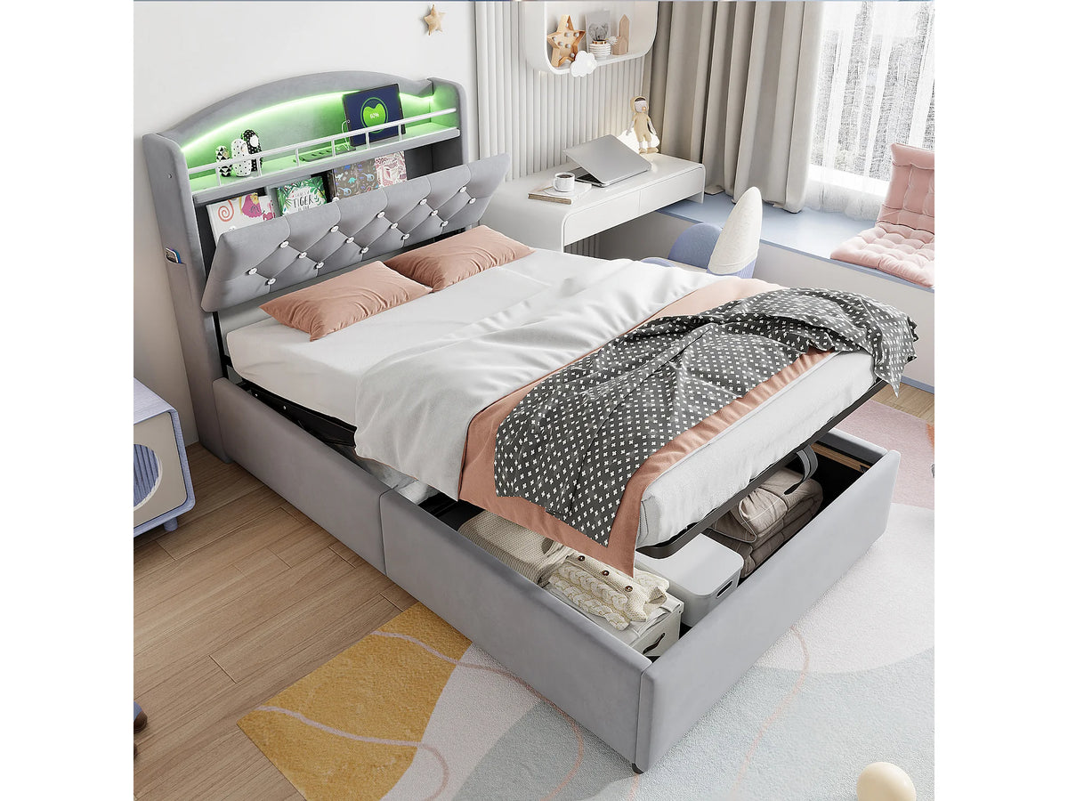 Lit Coffre 90x200 Velours Gris avec LED et Port USB