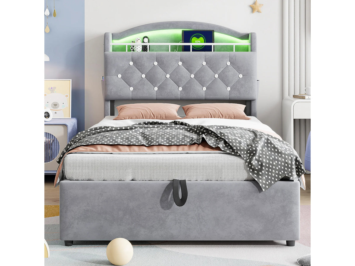 Lit Coffre 90x200 Velours Gris avec LED et Port USB — vue 3