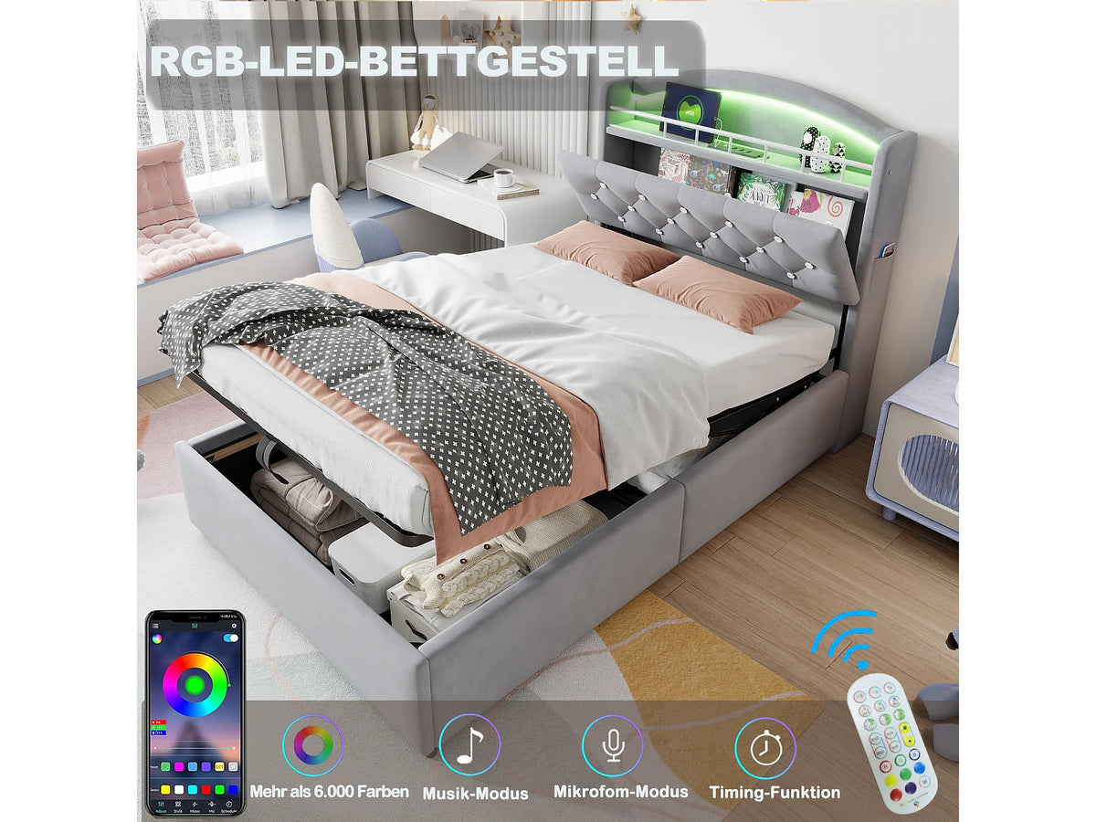 Lit Coffre 90x200 Velours Gris avec LED et Port USB — vue 5