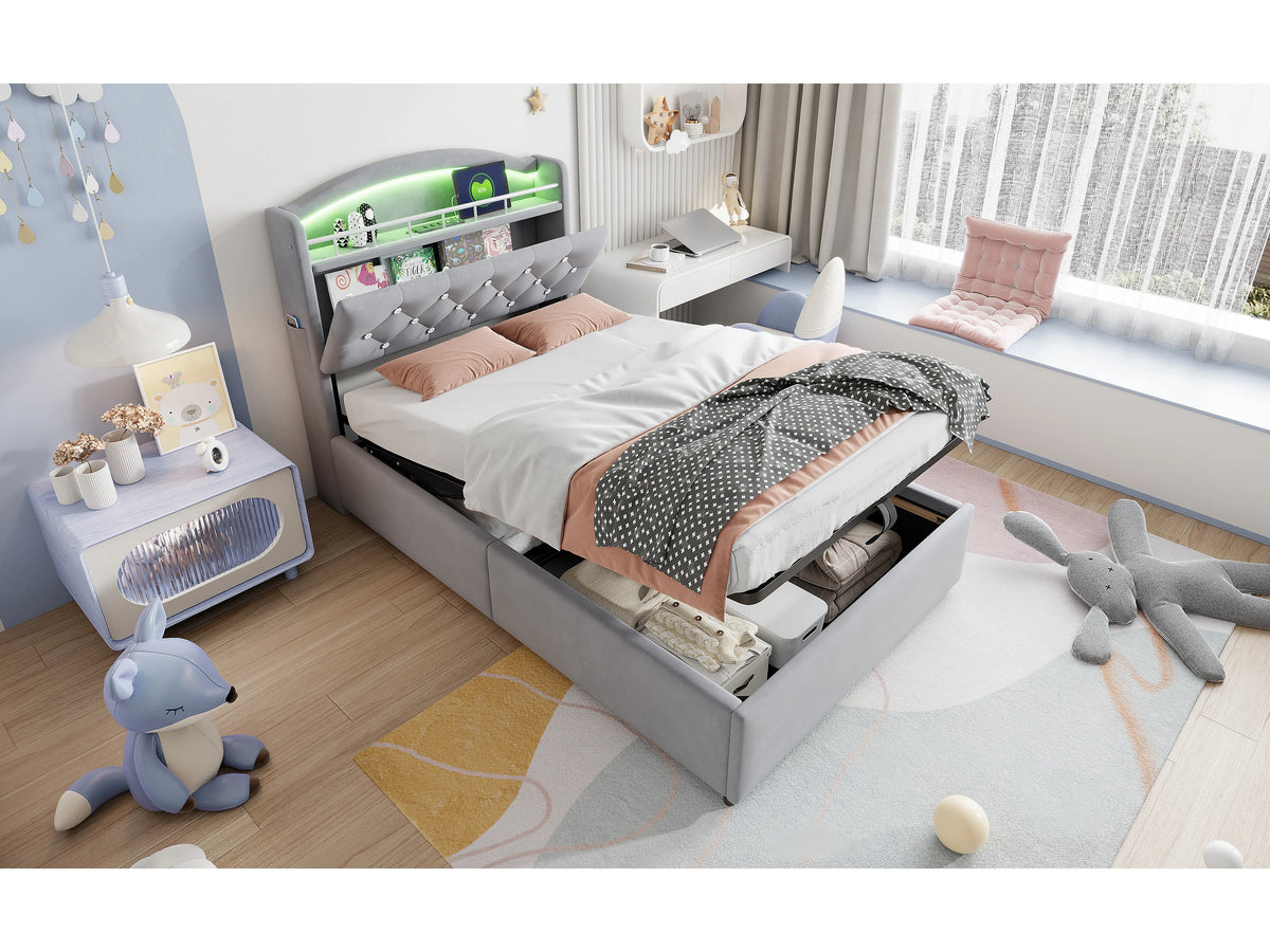 Lit Coffre 90x200 Velours Gris avec LED et Port USB — vue 6