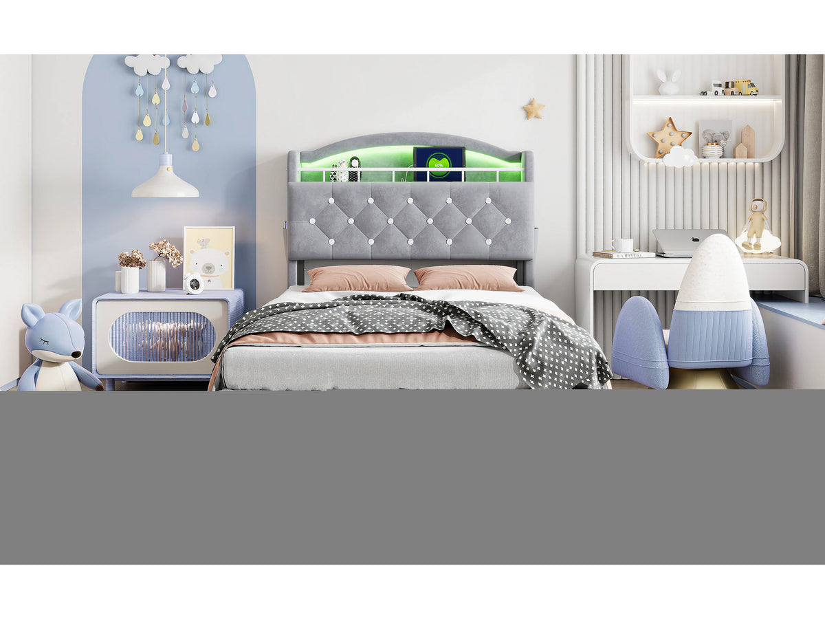 Lit Coffre 90x200 Velours Gris avec LED et Port USB — vue 7