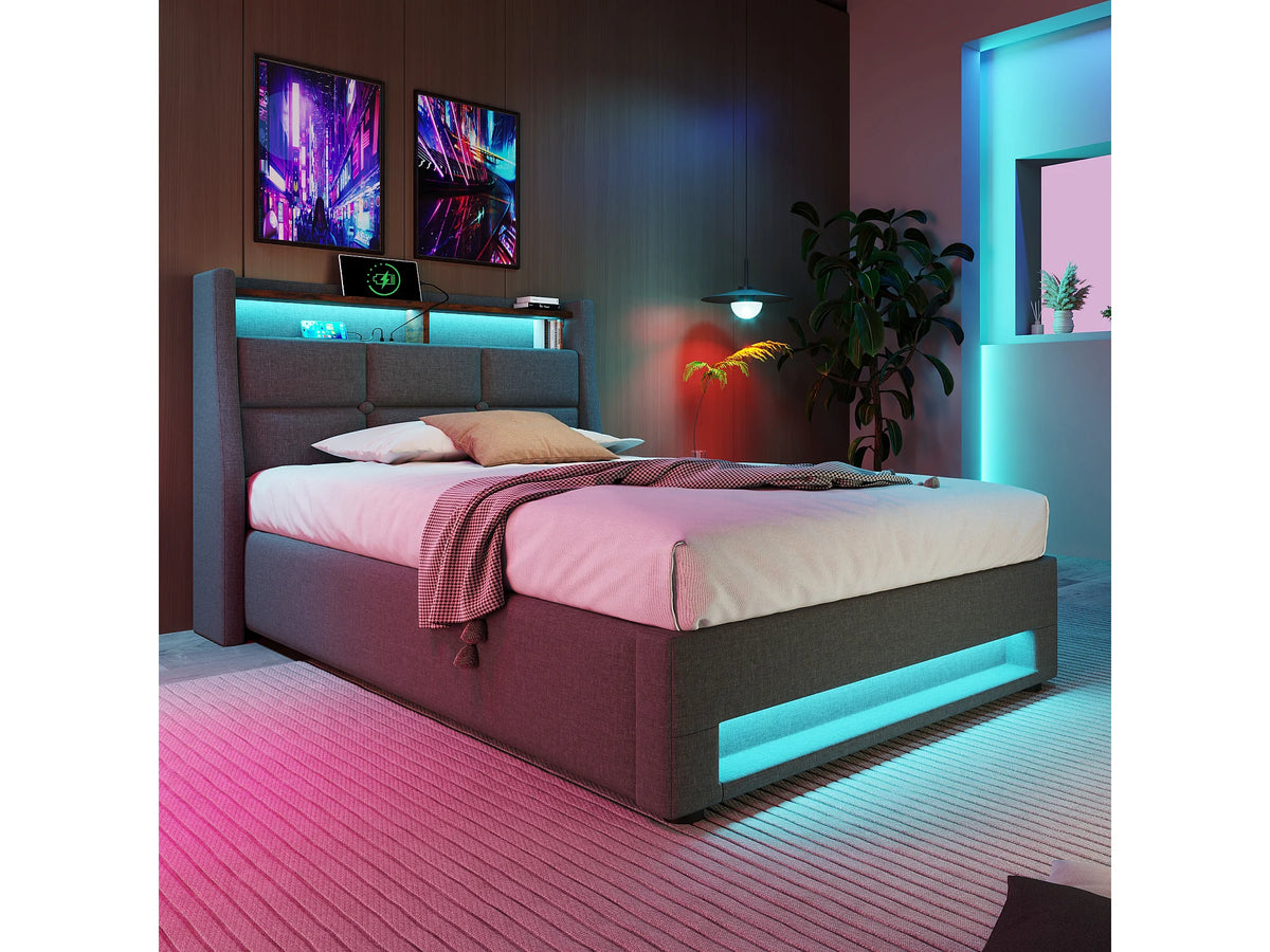 Lit Coffre 90x200 Tissu Lin Gris avec Matelas, LED et Port USB — vue 9