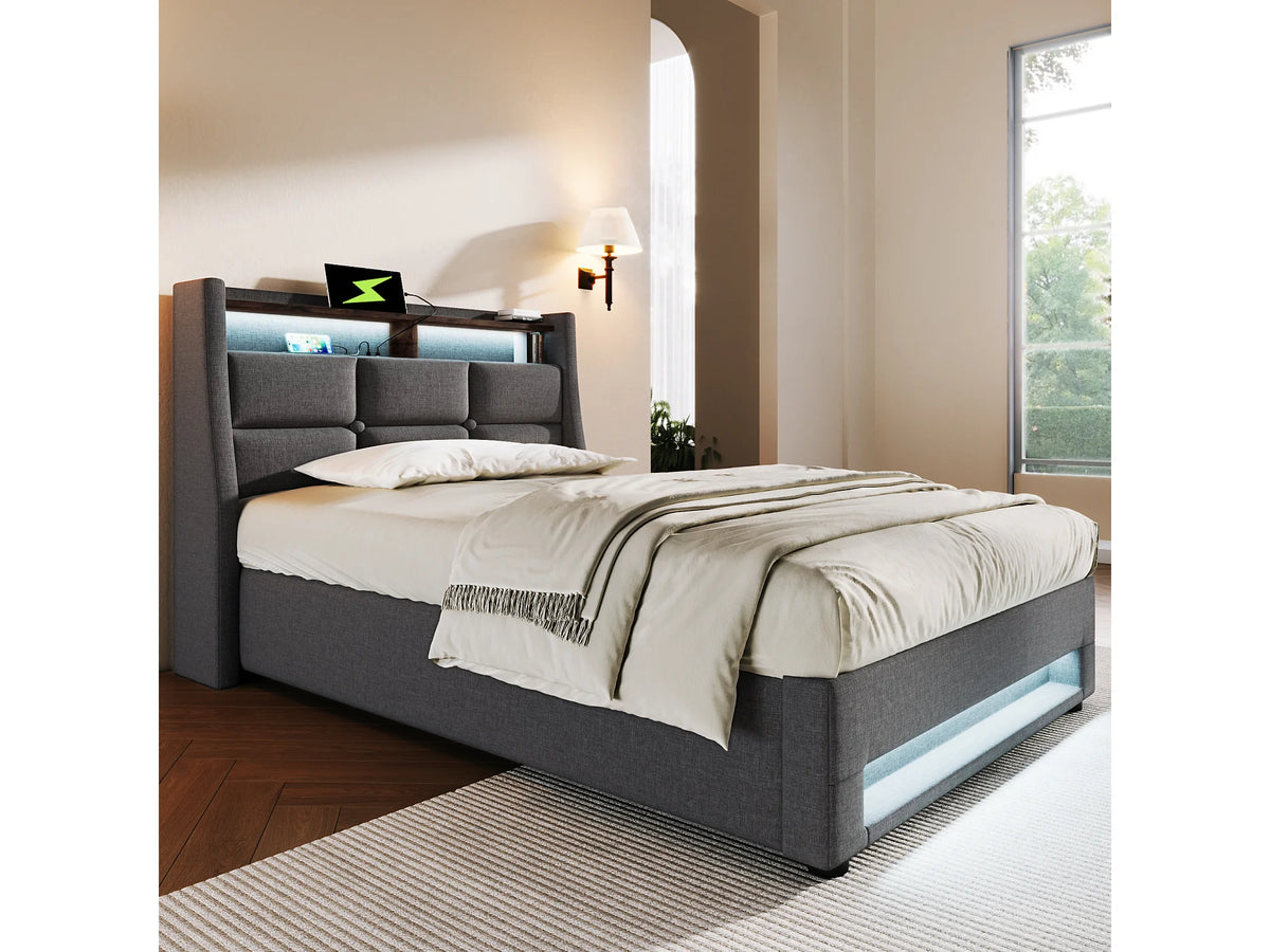Lit Coffre 90x200 Tissu Lin Gris avec Matelas, LED et Port USB — vue 2