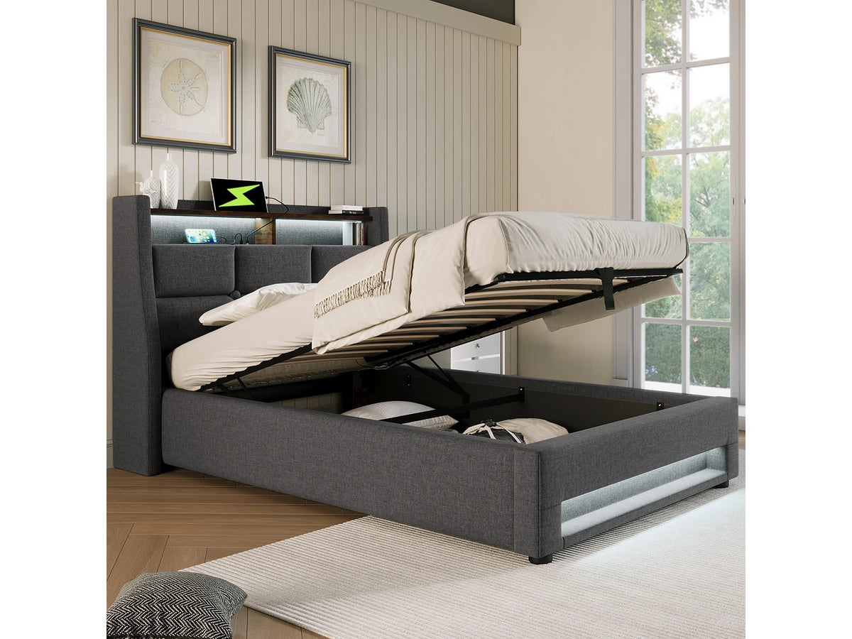 Lit Coffre 90x200 Tissu Lin Gris avec Matelas, LED et Port USB — vue 3