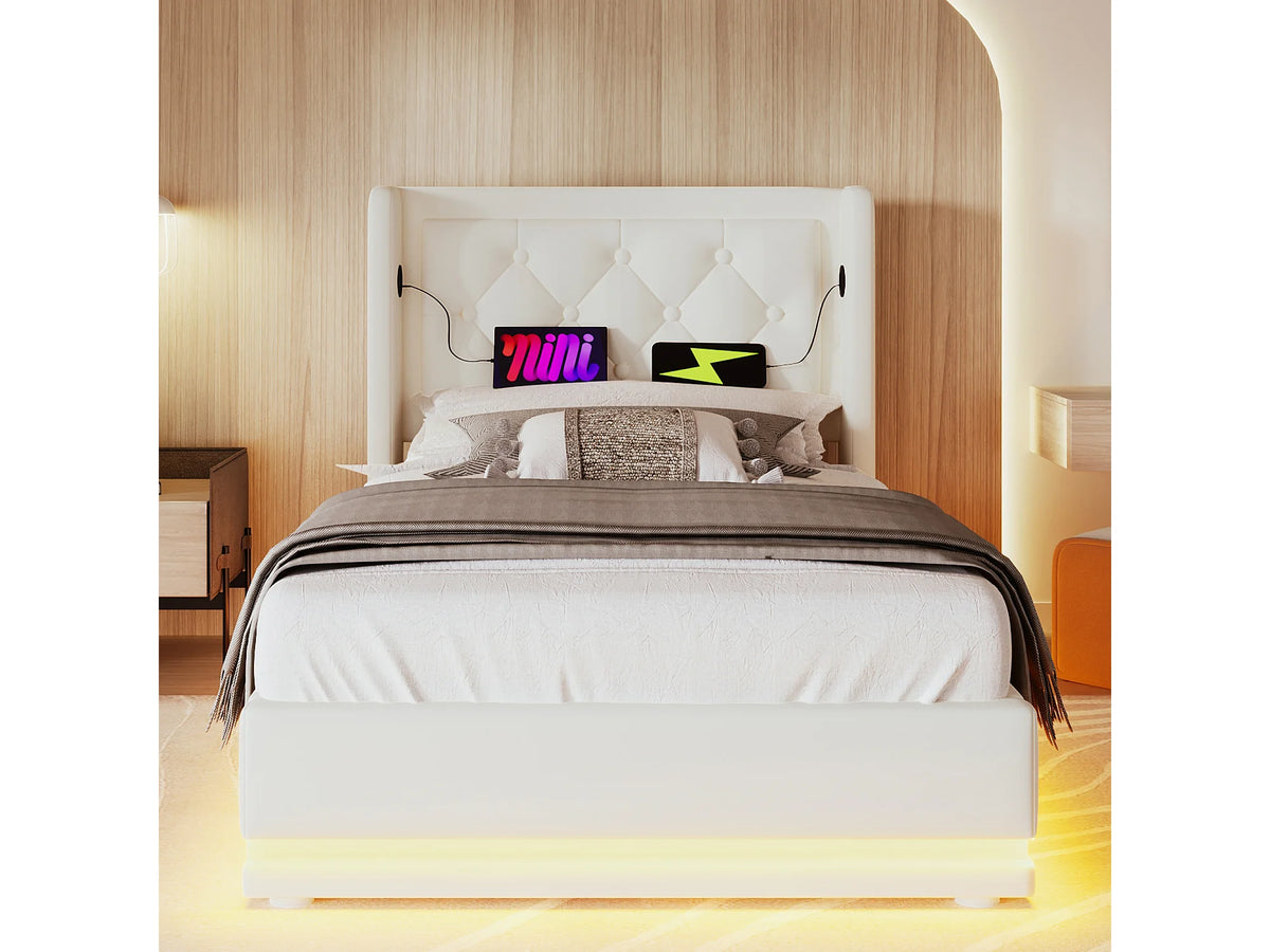 Lit Coffre 90x200 Simili Cuir Blanc Capitonné avec LED et Port USB