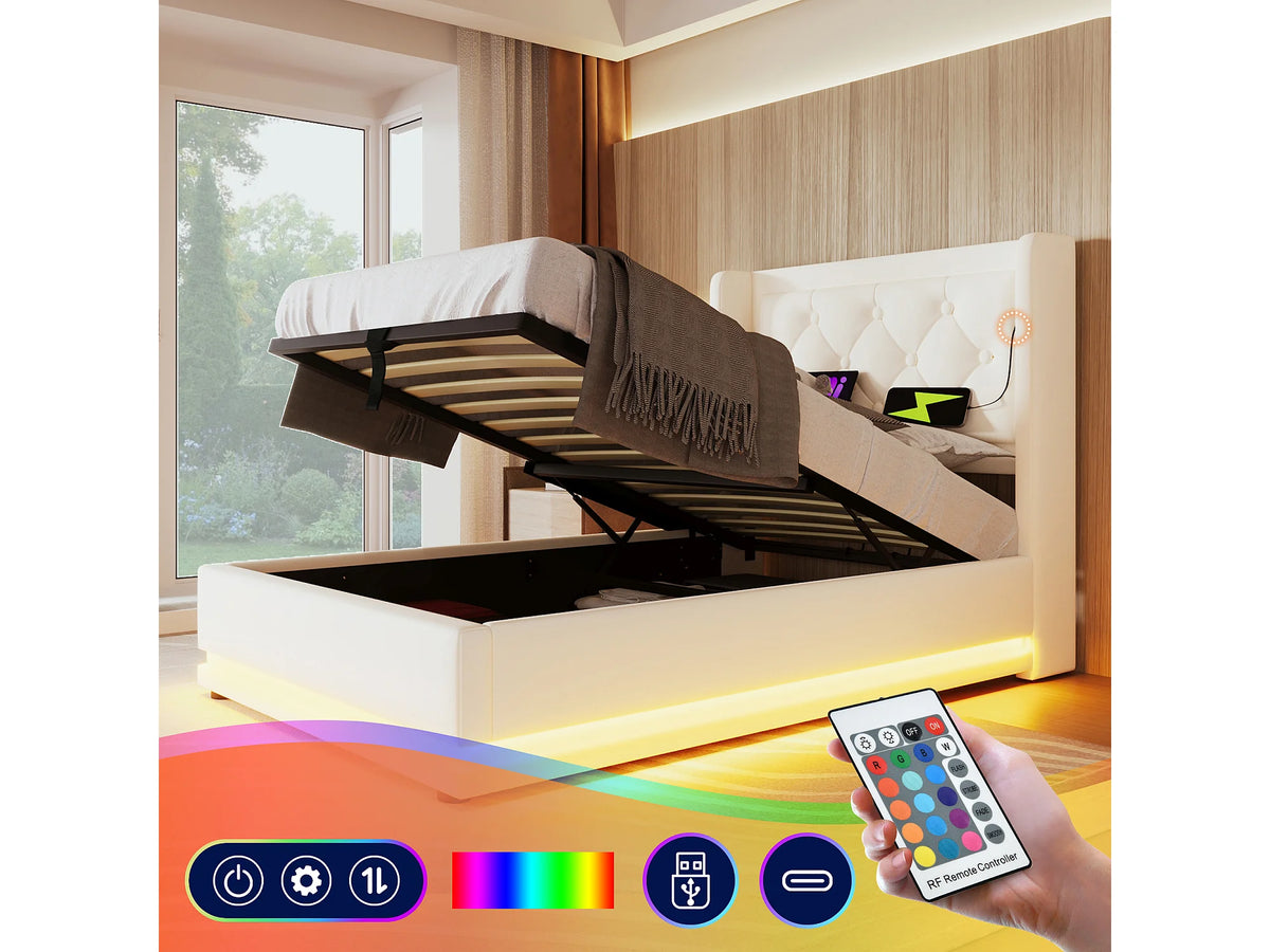 Lit Coffre 90x200 Simili Cuir Blanc Capitonné avec LED et Port USB — vue 3