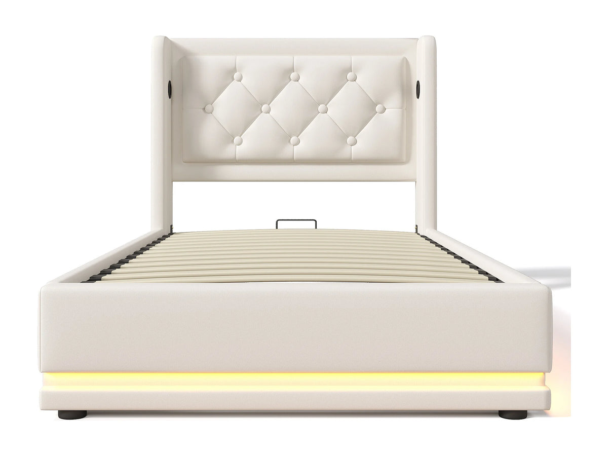 Lit Coffre 90x200 Simili Cuir Blanc Capitonné avec LED et Port USB — vue 4