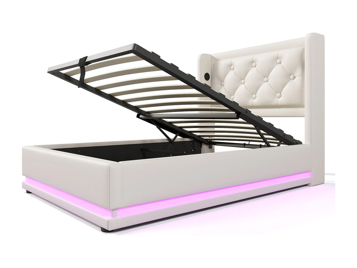 Lit Coffre 90x200 Simili Cuir Blanc Capitonné avec LED et Port USB — vue 10