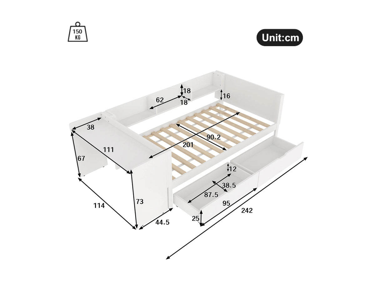 Lit Coffre 90x200 Bois Blanc avec Tiroirs — vue 9