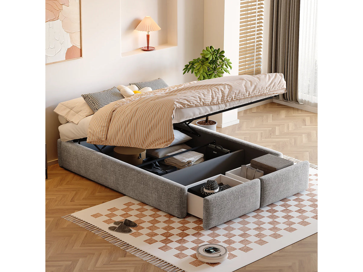 Lit Coffre 140x200 Tissu Lin Gris avec Tiroirs