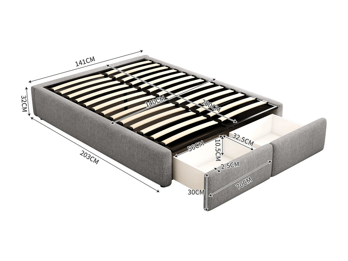 Lit Coffre 140x200 Tissu Lin Gris avec Tiroirs — vue 9