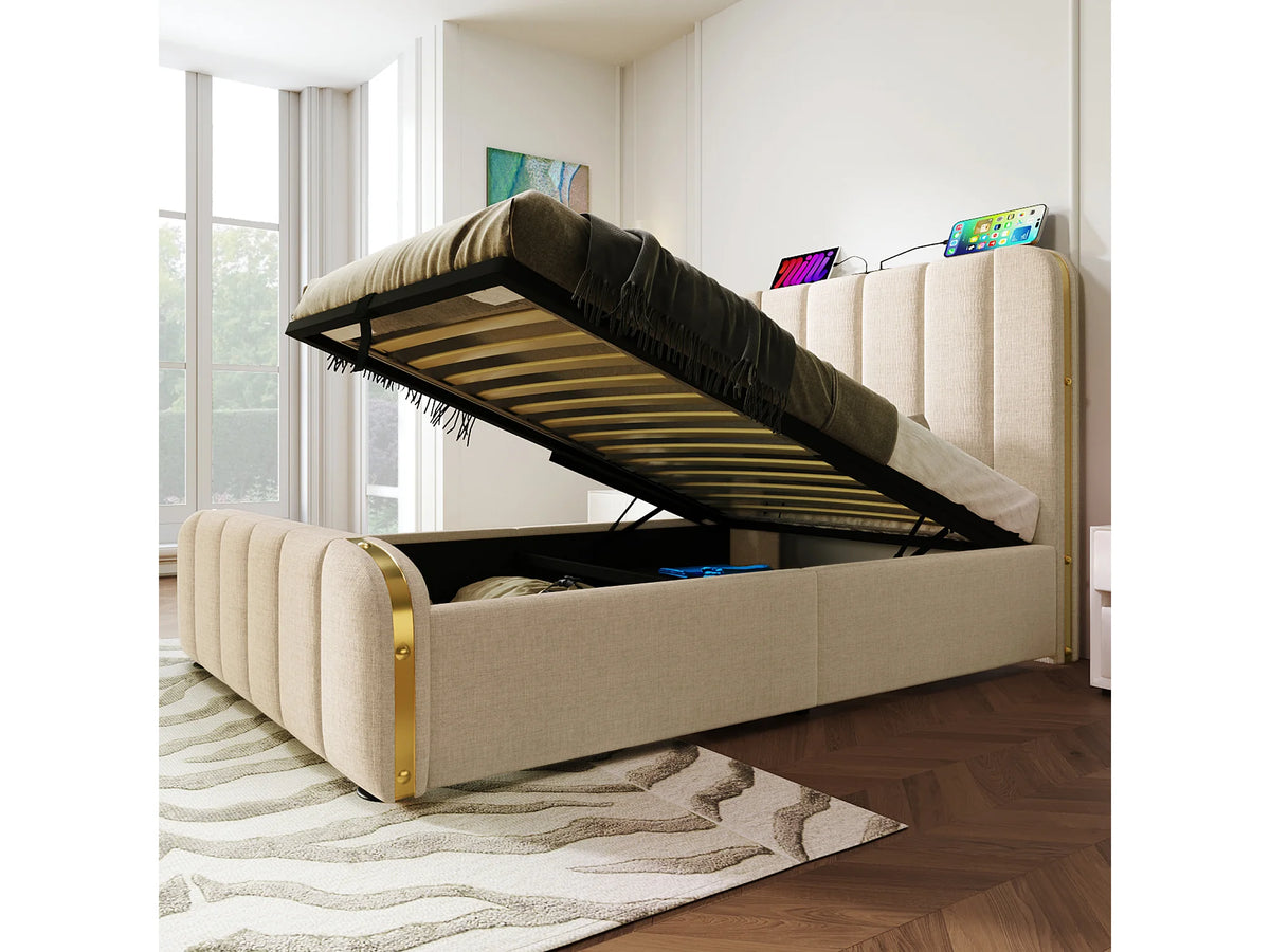 Lit Coffre 90x200 Tissu Lin Beige avec Port USB — vue 2